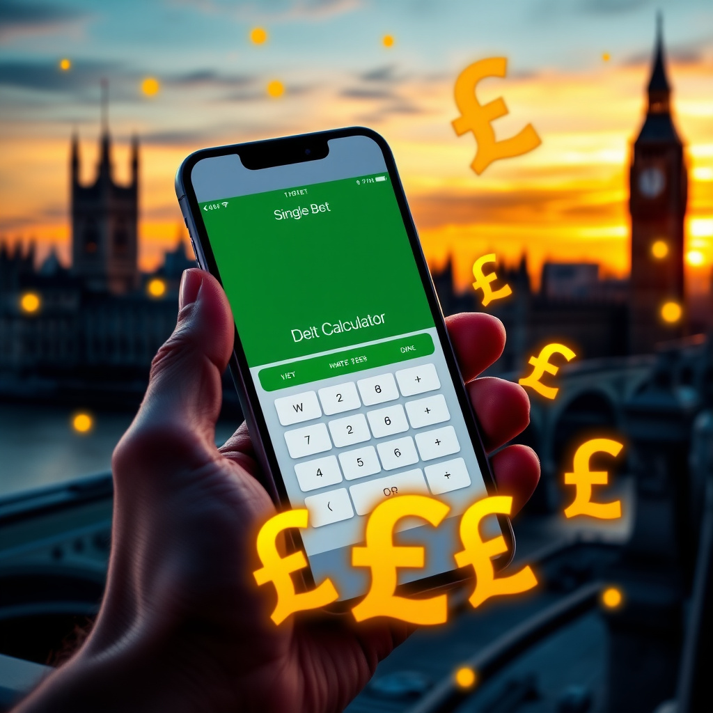 A hand holding a high-end smartphone displaying a professional Single Bet Calculator app with a clean white and green interface, background is the London skyline with the Big Ben and Westminster at sunset, 3D golden British Pound symbols (£) and green pro